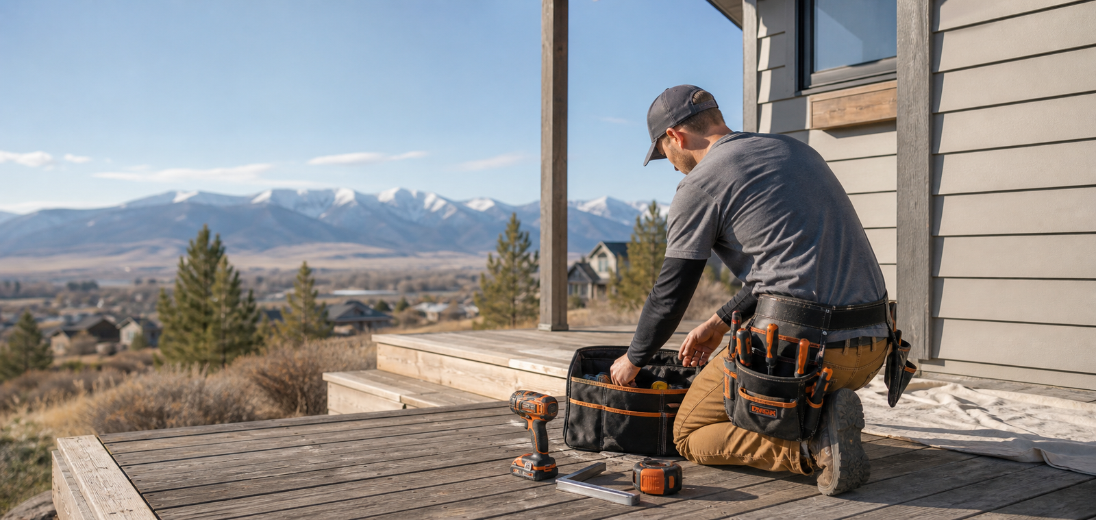 Handyman preparing deck and siding maintenance at a Bozeman home