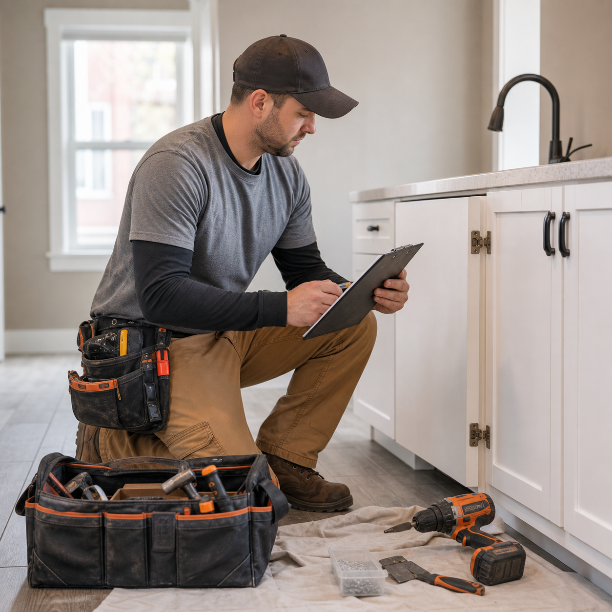 Handyman reviewing a maintenance repair list at a Bozeman property