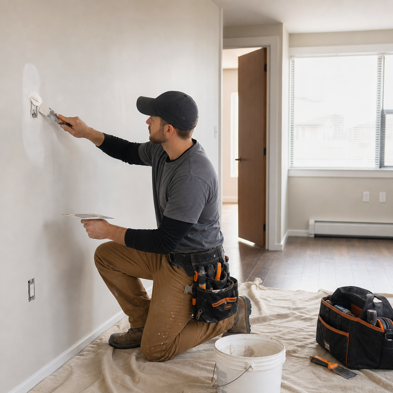 Handyman preparing wall repairs for a unit turnover in Bozeman